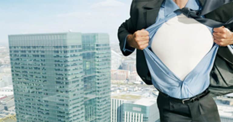 person pulling open business jacket while appearing to float in air in city